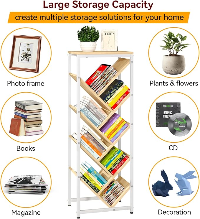 IBUYKE 9 Tier Tree Bookshelf, Floor Standing Wood Bookshelf for Narrow Space, Storage Organizer Bookcase for Books/CDs/Movies, Small Corner Bookcase for Bedroom Living Room,Natural,TBC002N