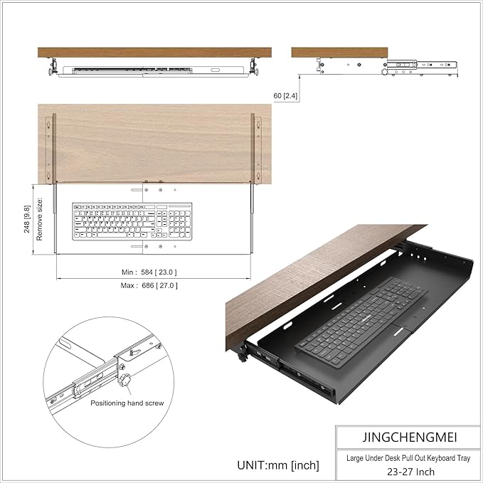 JINGCHENGMEI Sliding Keyboard Tray Under Desk, Pull-Out Keyboard and Mouse Tray, 27 x 9.8 inches Large Platform Slide-Out Computer Drawer for Typing, Metal, Black
