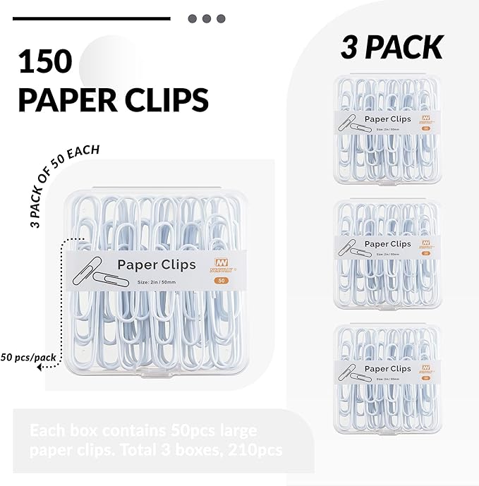 NEEWAY Colorful Large Paper Clips, 2 Inch Jumbo Paper Clips, 150 Count, 3 Pack of 50 (White)