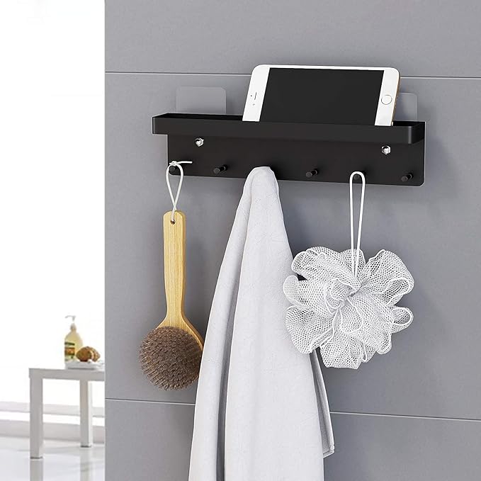 MKO Key Holder Wall Mount, Key Holder Wall Mount Adhesive with Mail Organizer Tray with 6 Key Hooks for Wall, Black