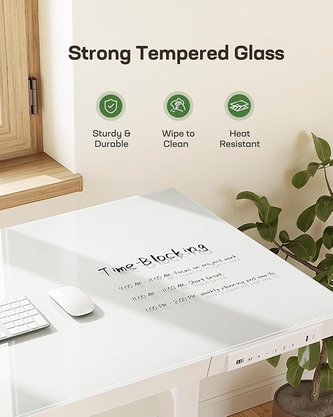 Marsail Glass Standing Desk with Drawer,55 x 28 inch Electric Standing Desk, Sit Stand Desk with One-Piece Tabletop & USB Charging Ports, Height Adjustable Desk with Storage for Home & Office White
