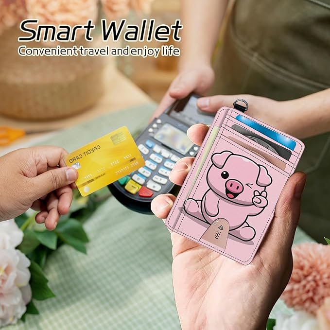 BWEGRHE Small Travel Wallets, Pink Pig Slim Minimalist Front Pocket Wallet with Wristlet, RFID Blocking PU Leather Credit Card Holder with ID Window Change Purse for Men Women