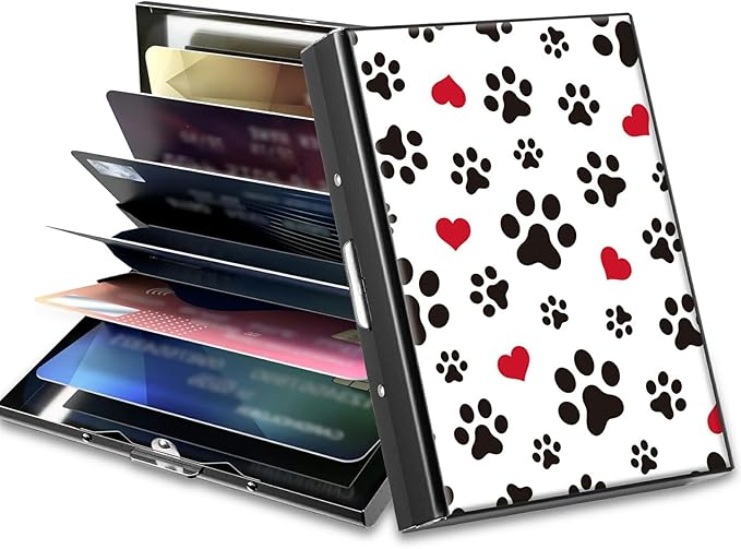 BWEGRHE Slim Credit Card Holder, Cute Dog Paw Prints RFID Blocking Metal Wallet for Men & Women, Aluminum Minimalist Hard Case Pocket-Sized Business Cards Organizer (Fits Up to 10 Cards)
