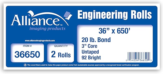 Alliance Wide Format Paper 36" x 650' Rolls Bond Engineering (20lb | 2 Rolls, 36 In x 650 Ft | 3" Core)…