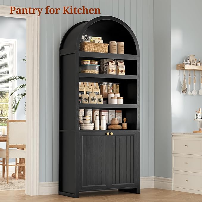 81" Tall Arched Cabinets,Bookcase with storage,Mid-Century Modern 6-Tier Bookshelf with Door,2 Book Risers and Adjustable Shelves offering more storage space for Living Room,Kitchen,Home Office,Black