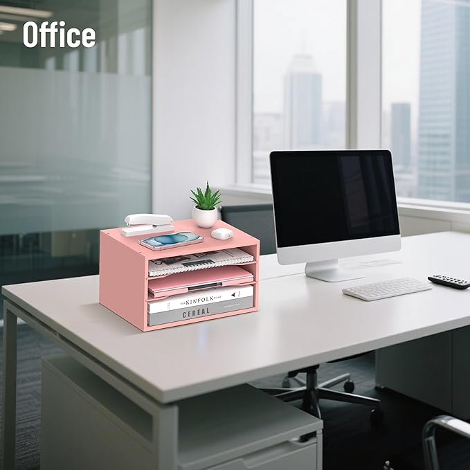 SHARKWOODS Wood Desk Organizer, 3 Tier Paper Tray Organizer for Desk with Adjustable Storage Shelves, Desktop File Organization Paper Sorter Mail Holder for Office Home Classroom, Pink