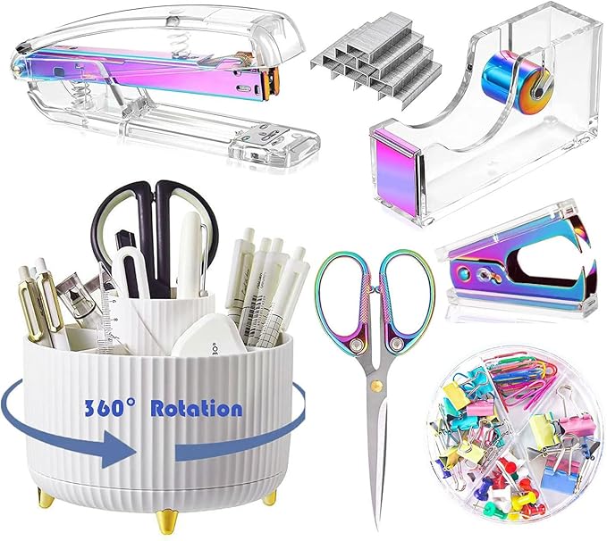 Gawsey Desk Organizers and Accessories Set with 360-Degree Rotating Pen Holder, Acrylic Stapler, Tape Holder, Staple Remover, Binder/Paper Clips Kit, Scissor and 1 Box of Staples