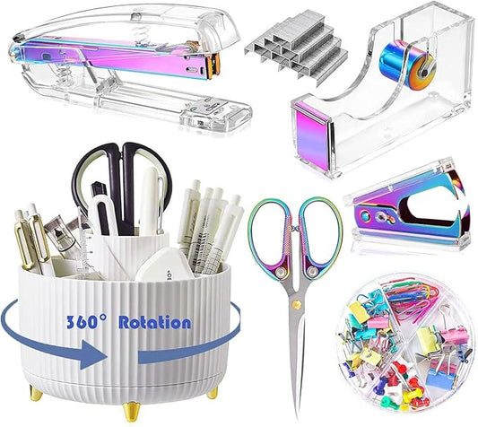 Gawsey Desk Organizers and Accessories Set with 360-Degree Rotating Pen Holder, Acrylic Stapler, Tape Holder, Staple Remover, Binder/Paper Clips Kit, Scissor and 1 Box of Staples