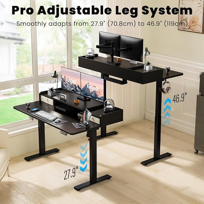 Kingant 63 x 30 Inch Electric Standing Desk with Dual Drawers, Adjustable Height Computer Desk for Home Office, Large Workstation Sit Stand Up Desk with Built-in Storage Shelf, Black