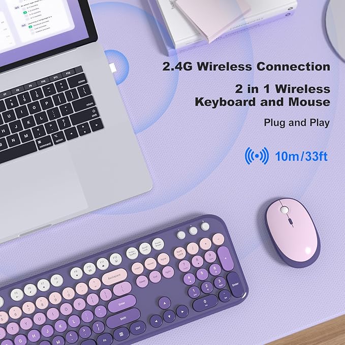 MOFII Wireless Keyboard and Mouse Combo, Full Size 2.4G Retro Round Computer Keyboard and Mouse Set, Plug and Play, for Windows, Computer, Desktop, PC, Notebook - (Purple Gradient)