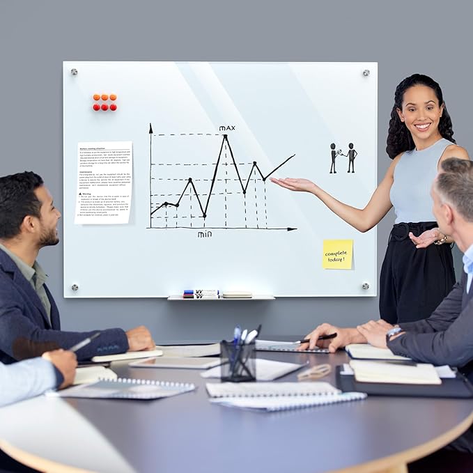 MaxGear Glass Whiteboard Wall Mounted, Frameless Magnetic Dry Erase Board, Tempered Glass, Steel-Backed, Non-Porous Smooth Surface, Floating Design, Accessories Included, for Office Home Classroom