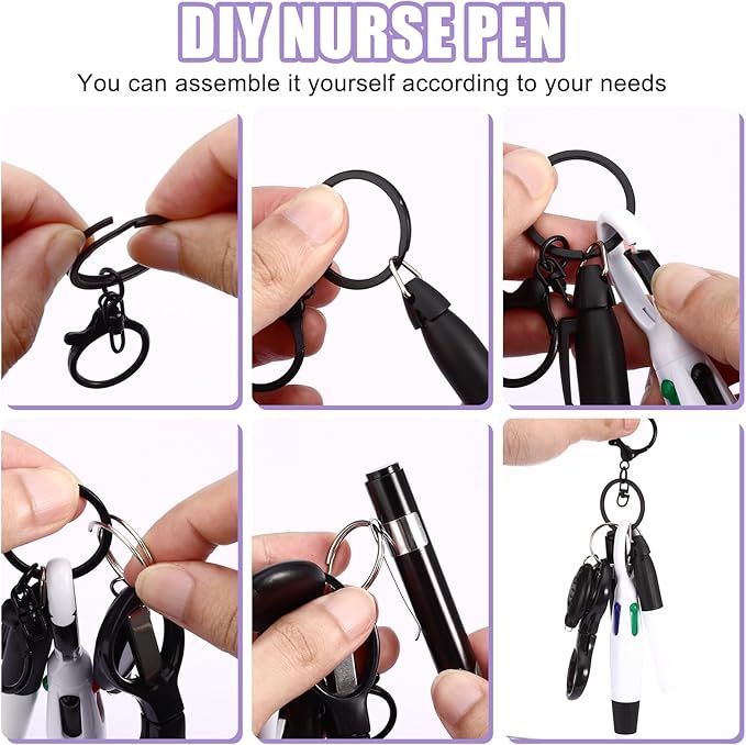 12 pcs Nurse Pen Set Two Colors Black Silver Include Permanent Marker Pen Pen Lights for Nurses Retractable Ballpoint Pen Nursing Keychain Clip Foldable Scissors LED Flashlight Keychain for Nurses