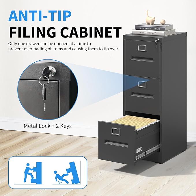 Yukimo 3 Drawer File Cabinet, Vertical File Cabinet with Lock, Metal Locking Filing Storage Cabinet for Home Office, Hanging Files for A4/ Legal/Letter, Assembly Required, Black