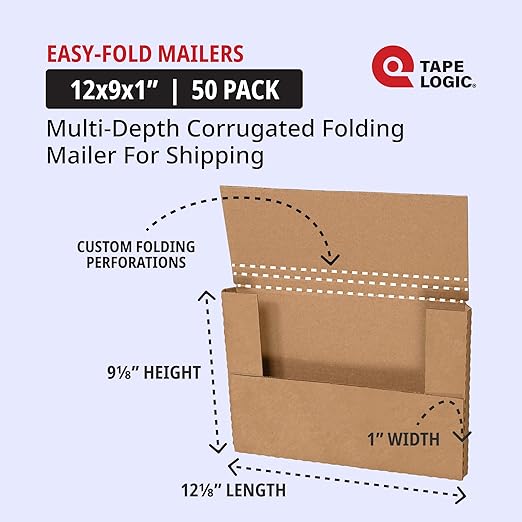 Tape Logic TLM1291 Easy-Fold Mailers, 12 1/8" x 9 1/8" x 1", White (Pack of 50)