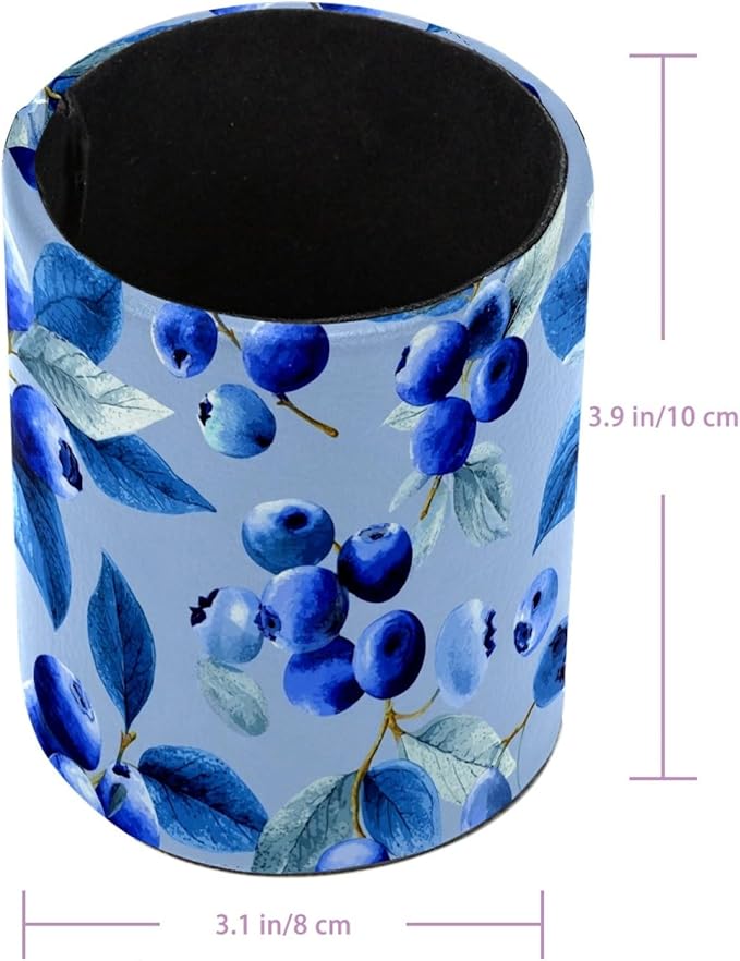 Leather Pen Holder for Desk Blueberry Blue Pencil Cup Desktop Organizer Makeup Brush Holders Office Supplies for Home, Kids & School