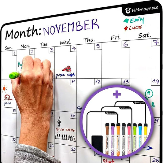 Large Dry-Erase Magnetic Monthly Calendar + Free Bonus: 3 Grocery/to-Do List Whiteboards (Organizer/Planner) for Kitchen Fridge - Full Set: 8 Markers + Eraser | Stain Free | Vertical