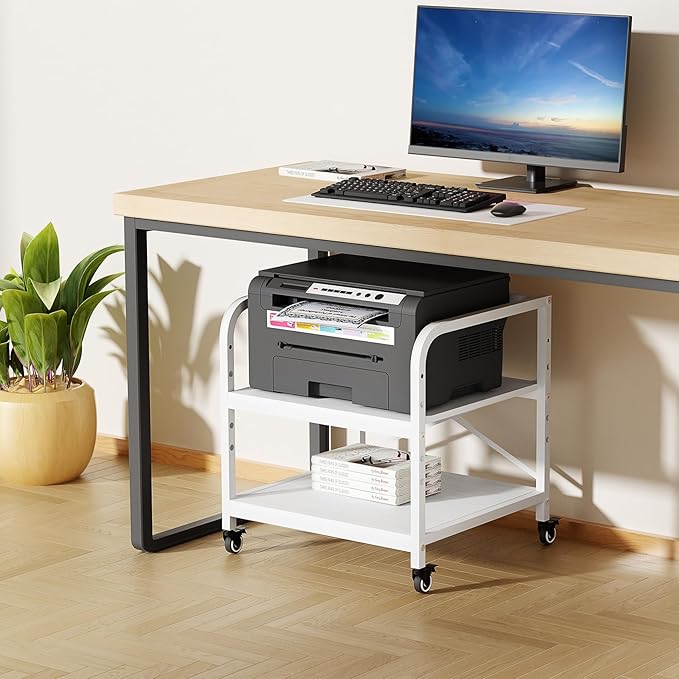 Vokumba 20 Inches Large White Printer Stand, 2-Tier Under Desk Printer Table with Height Adjustable Shelf, Rolling Printer Cart with Industrial Wheels for Home Office (White)