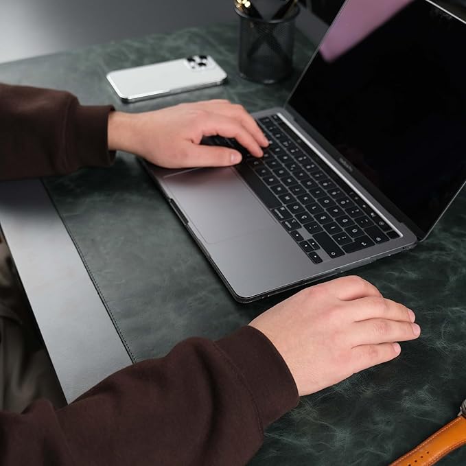 TORONATA Jersey Genuine Calfskin Leather Desk Pad, Office Desk Mat with Non-Slip Bottom, Smooth Surface for Mouse & Keyboard, Desk Protector (36x19 inches) (Dark Green)