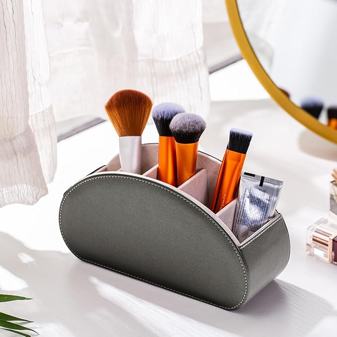 Remote Control Holders Organizer Box with 5 Compartment PU Leather Multi-functional Office Desk Storage Caddy Store Tv Remote for Media Player,Brush,Pencil,Glassees&Office Supplies (Sliver)