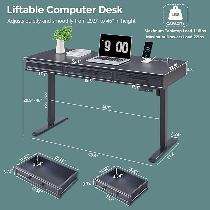 wow97e Electric Standing Desk with 3 Storage Drawers, 55x22 Inch Adjustable Height Office Computer Desk w/One-Piece Desktop & Power Outlets,Sit to Stand Up,Gaming Table for Home and Study, Black
