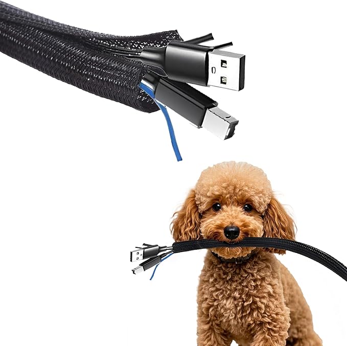 25ft - 1/2 inch Cord Protector Wire Loom Tubing Cable Sleeve Split Sleeve for USB Cable Power Cord Audio Video Cable - Management for TV Computer - Protect Cat from Chewing Cords - Black