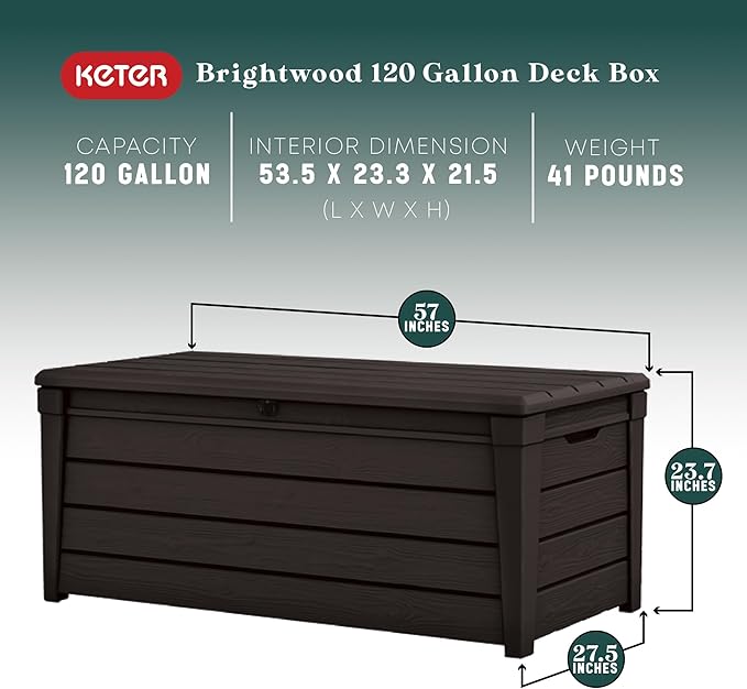 Keter Outdoor Storage Deck Box, for Patio, Backyard & Garden, Brightwood, 120 Gal, Brown - Lockable, Organizing, and Waterproof Plastic Container Bench