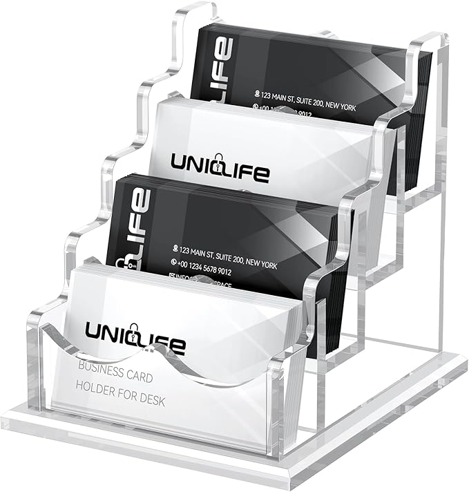 Uniclife Acrylic Business Card Holder for Desk 4 Slots Clear Horizontal Business Card Display Stand for Men & Women Desktop Name Card Organizer Card Stand for Office Home Exhibition, 240 Card Capacity