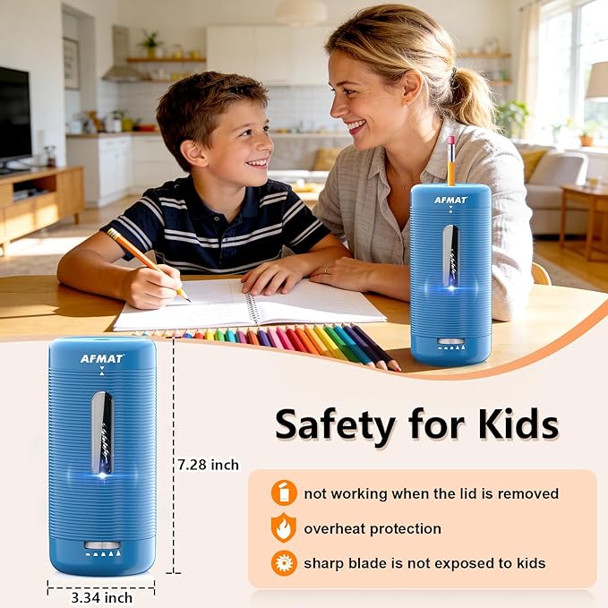 AFMAT Electric Pencil Sharpener, Fully Automatic Pencil Sharpener, Auto in & Out, Rechargeable Hands-Free Sharpeners for Jumbo & Colored Pencils (6.5-12mm), Portable for Home/Classroom/Office PSC2