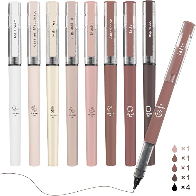 FUNFULL Aesthetic Cute Stick Rollerball Pens, 8pcs Quick Dry Colored Liquid Ink Pens, 0.5mm Fine Point Coffee Gel Pens with Soft Touch Smooth Writing for Journaling Planner School Supplies
