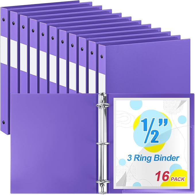 Henoyso 16 Pcs 3 Ring Binder 0.5 Inch Round Fits Letter Size 8.5'' x 11'' Paper Plastic Flexible Binder Bulk Holds 140 Sheets with 1 Pockets Versatile Organizer for Home Office School (Purple)