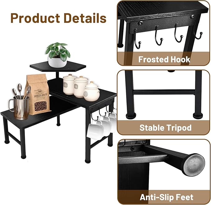Uniqcovosa Bathroom Counter Organizer, 3 Tier Moveable Black Corner Shelf with Hook, Countertop Organizer for Bathroom, Dresser Table, Makeup Vanity Desktop,Desk Shelf (Black)