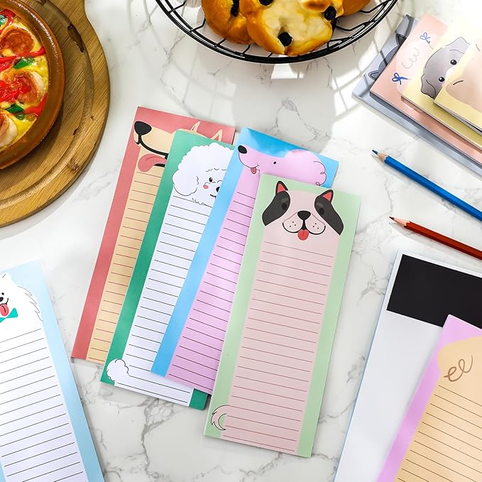 Gersoniel 12 Packs Magnetic Notepads for Refrigerator Monthly Grocery Magnetic List Set to Do List Pads Back Memo Notepad 9 x 3.5 Inches for Fridge Kitchen Shopping Grocery(Vivid Color,Dog)