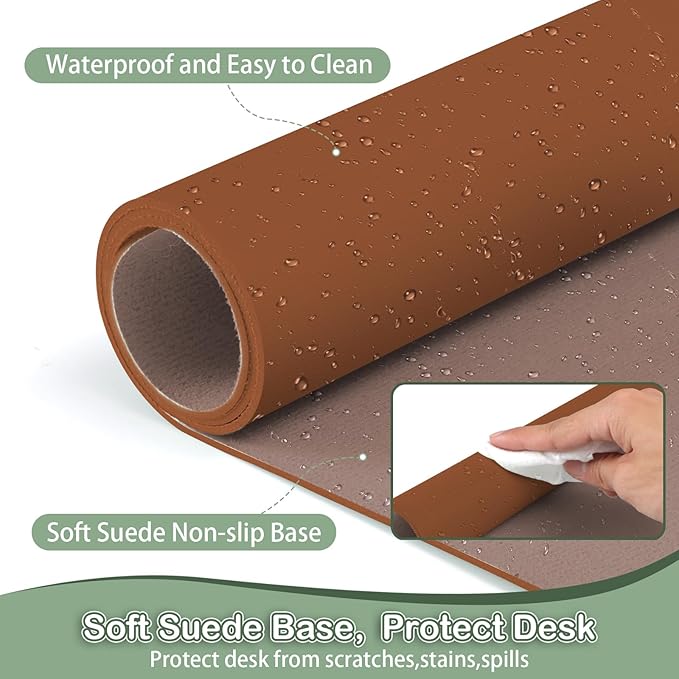Boutilon Leather Desk Pad Protector,Non-Slip Mouse Pad,Laptop Desk Pad,Office Mouse Mat,Waterproof Leather Desk Blotter,Desk Writing Pad for Office and Home (M-Brown,30"x14")