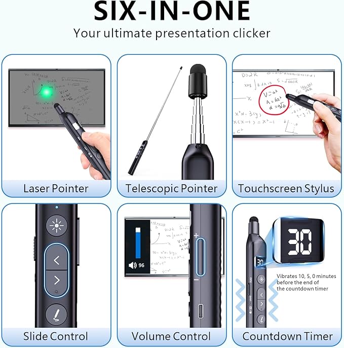 Norwii N21 Bluetooth Presentation Clicker with Telescopic Teaching Pointer, Presentation Remote with Retractable Stick for PowerPiont, Wireless Presenter, Slide Advancer (Black - Green Pointer)