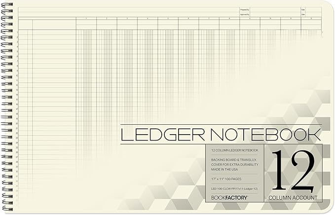 BookFactory Accounting Ledger Notebook/Large 12 Column Accounting Ledger Columnar (Twelve Columns) Log Book - 17'' x 11'', 100 Pages, Wire-O Landscape Format (Made in USA)