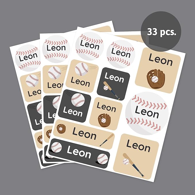Large Name Labels for Kids (33) - Custom Stickers for Daycare and School Supplies - Durable, Waterproof Stickers for Water Bottles, Lunch Boxes, and More with Unique Designs - Baseball