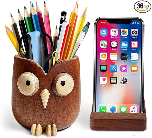 WODTILIFE Cute Owl Pen Holder for desk and walnut Phone Stand, Fun ebony pencil holder, magnetic rotating eyes, Single solid wood hollow design, for Office accessories School Home and Holiday Gifts.