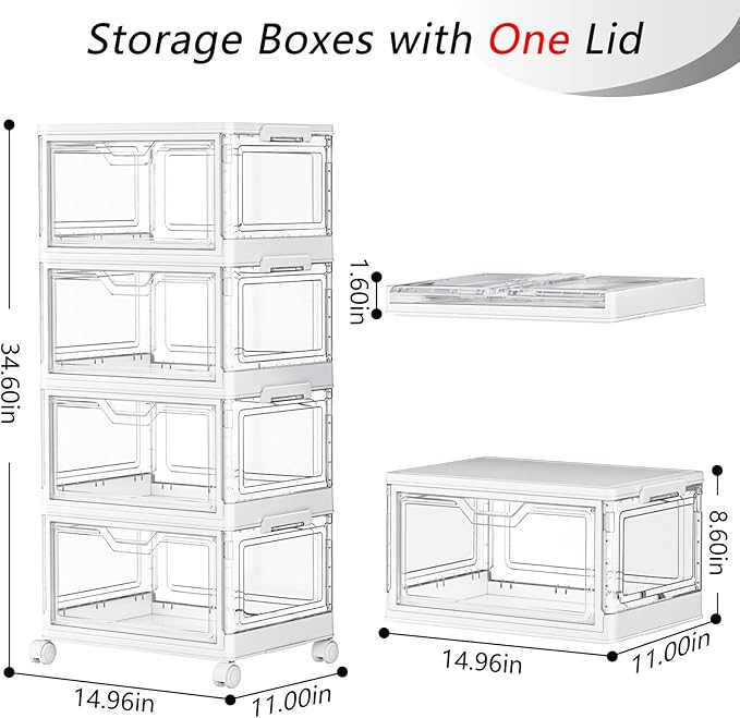 SNSLXH Portable Clear Storage Bins with Lids & Wheels, 24QT Clear Storage Bins with Lids, 4-Tier Plastic Bins with Wheels, Stackable, Magnetic Doors, for Bedroom, Living Room, Office