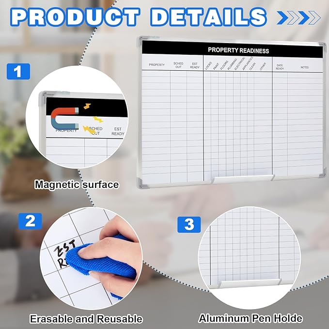 Lincia Property Readiness Dry Erase Whiteboard Magnetic Dry Erase Board with Lines Sliding Marker Tray Aluminum Frame White Board Planner for Wall Property Management Track Office Supplies(36" x 24")
