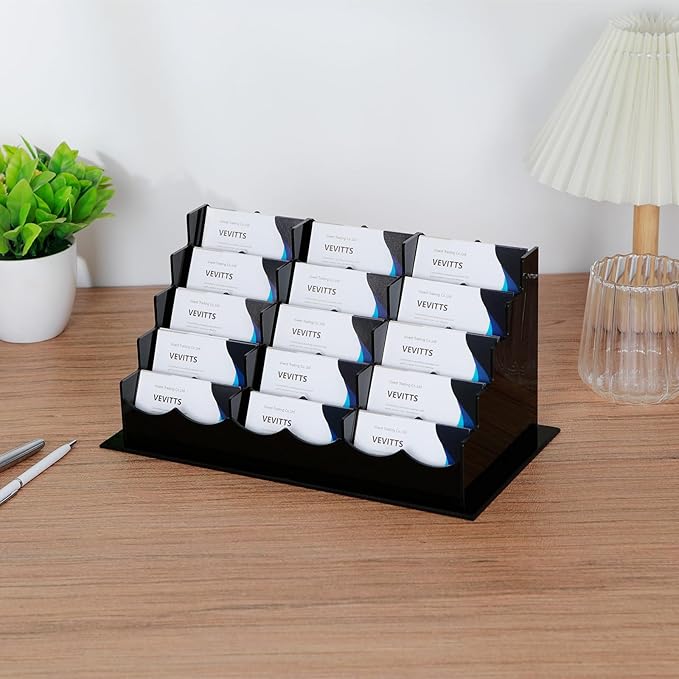 Vevitts Business Acrylic Card Holder Display for Desk, 15 Slots 5 Tiers Multiple-Black Acrylic Business Card Stand Set, Holds Approximately 750 Cards