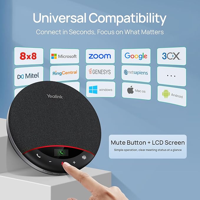 Yealink Bluetooth Speakerphone SP96 with Dongle Support Daisy-Chain 26H Talk Time Teams Certified 65mm Conference Speaker and 6 Microphones Array LCD Screen Smart AI Noise-Canceling