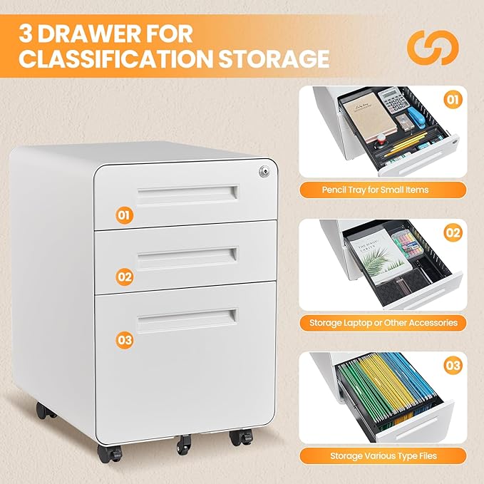AFAIF 3 Drawer File Cabinet, Fully Assembled Mobile File Cabinets with Lock for Home Office, Metal Rolling Filing Caninet on Wheels, Three Drawer Under Desk Cabnet for Letter/Legal / A4 - White