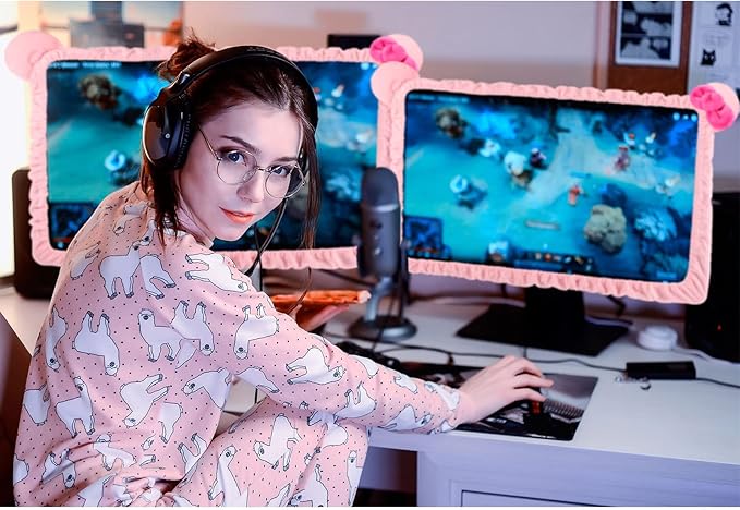 Remagr 2 Pcs 20''-29'' Kawaii Computer Monitor Cover with Cat Ear Design, Furry Cute Pink Monitor Dust Cover Protector Lovely Monitor Accessories Laptop TV LCD Screen Monitor Decoration for Tablet