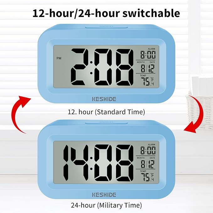 KESHIDE Travel Digital Alarm Clock Battery Operated with Indoor Temperature, Desk Small Clock,Snooze Model,12/24H Display for Bedrooms Heavy Sleepers Kids Travel Bathroom (Black)