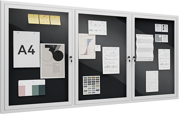 72"x36" Lockable Enclosed Bulletin Board, Outdoor Flet Weather-Resistant Aluminum Frame Notice Board, Wall Mounted Display Case Acrylic Doors for School,Office,Silver Frame w/Black Flet