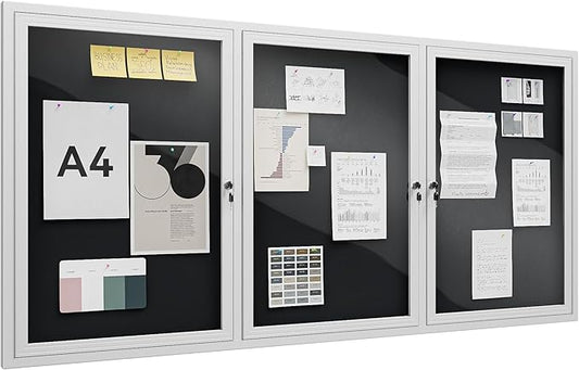 72"x36" Lockable Enclosed Bulletin Board, Outdoor Flet Weather-Resistant Aluminum Frame Notice Board, Wall Mounted Display Case Acrylic Doors for School,Office,Silver Frame w/Black Flet