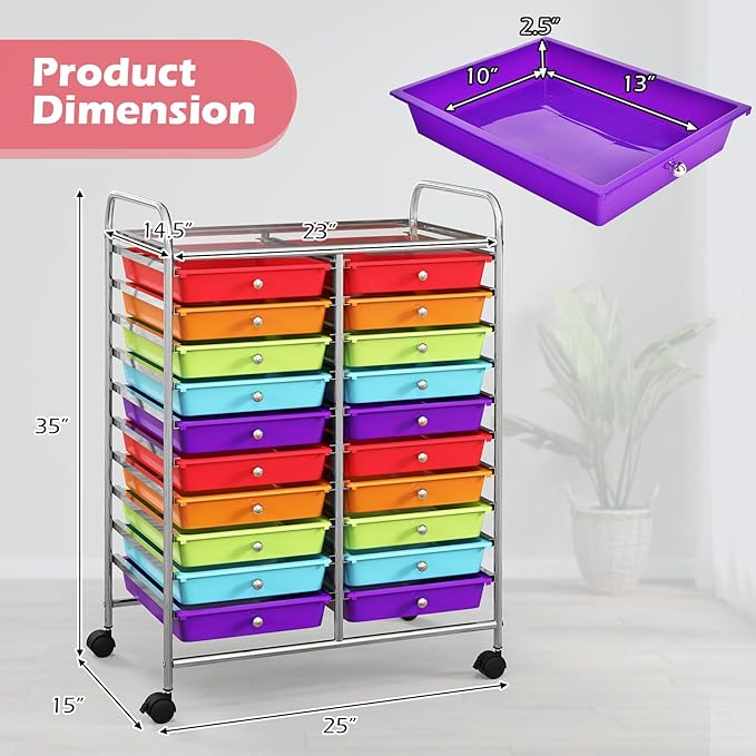 Happygrill 20-Drawer Organizer Cart Tools, Mobile Utility Storage Cart with Removable Drawers & Lockable Wheels, Rolling Storage Cart with wheels for Home Office School(Multicolor)