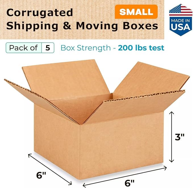 Small Moving & Shipping Boxes 6 x 6 x 3 inches (5-Pack) - Extra Strength 200 lb vs Regular - Corrugated Moving Boxes for USPS/UPS/FEDEX - Shipping Box - Small Packaging Box by IDL Packaging