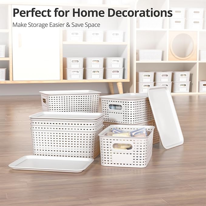 ZFTMRR Plastic Storage Basket with Lid, Stackable Small Box Bins for Organizing and Containers for Shelves Drawers Desktop Closet Playroom Pantry Classroom Office Home, 8 Pack 10.2x7.2x4.1 Inch, White