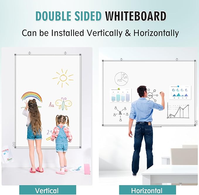Large Whiteboard Dry Erase Board for Wall, 60" x 40" Double-Sided Magnetic Whiteboard with Long Pen Tray, Wall-Mounted White Board for Home, School, Office, Kitchen